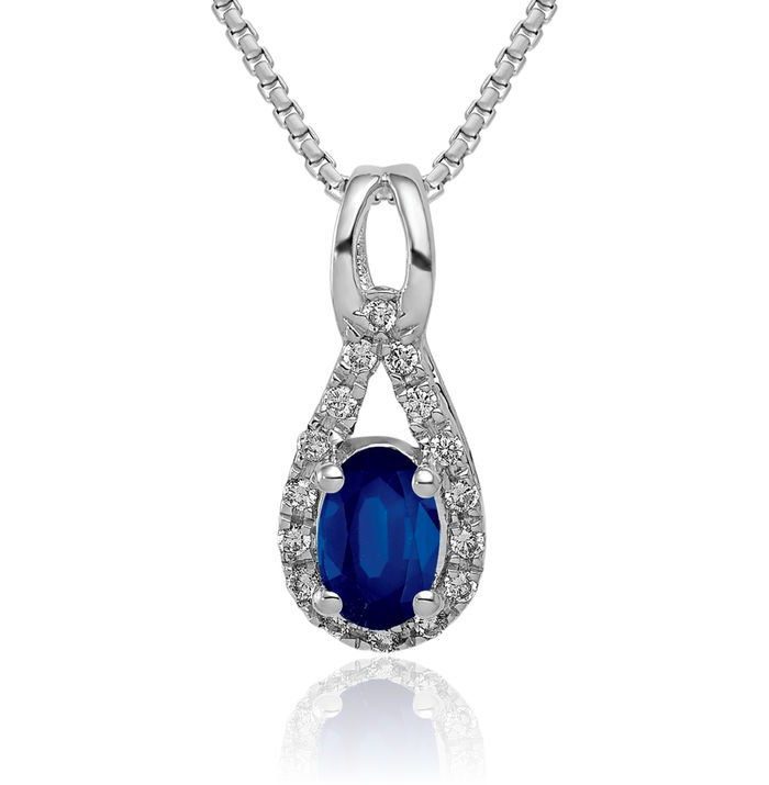 14K Solid White Gold Diamond Blue Sapphire Teardrop Halo Round Necklace Gemstone Pendant Charm