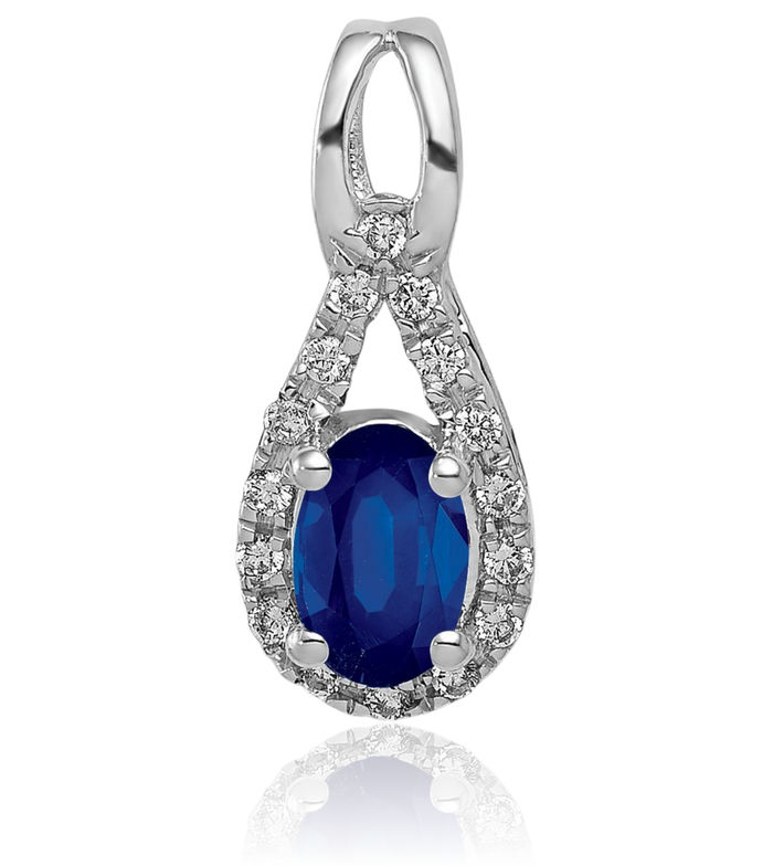 14K Solid White Gold Diamond Blue Sapphire Teardrop Halo Round Necklace Gemstone Pendant Charm