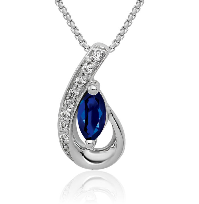 14K Solid White Gold Diamond Blue Sapphire Teardrop Slide Necklace Charm Gemstone Pendant