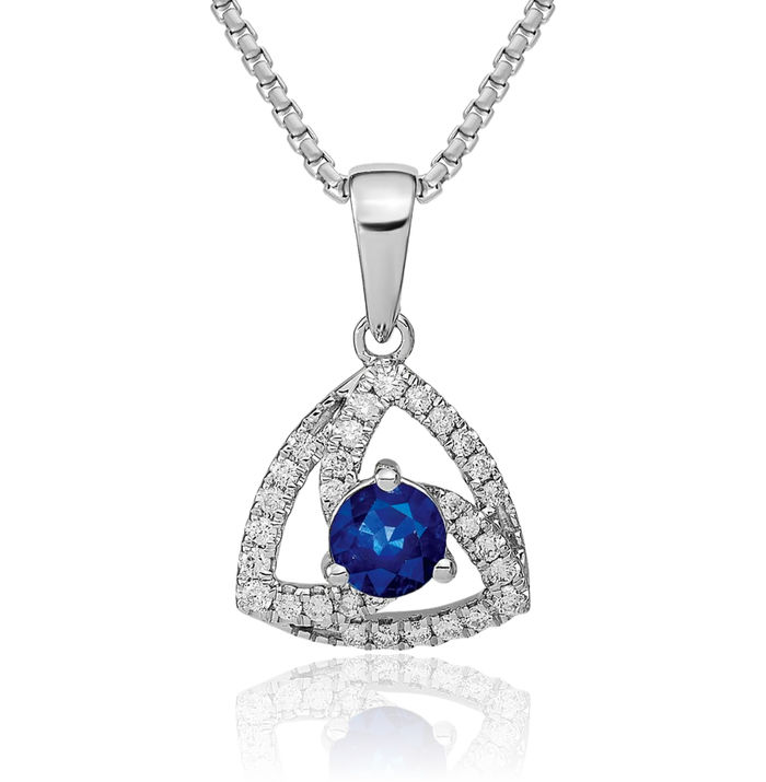 14K Solid White Gold Diamond Blue Sapphire Triangle Necklace Gemstone Pendant Charm