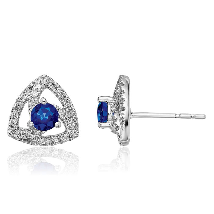 14K Solid White Gold Diamond Blue Sapphire Triangle Studs Gemstone Earrings