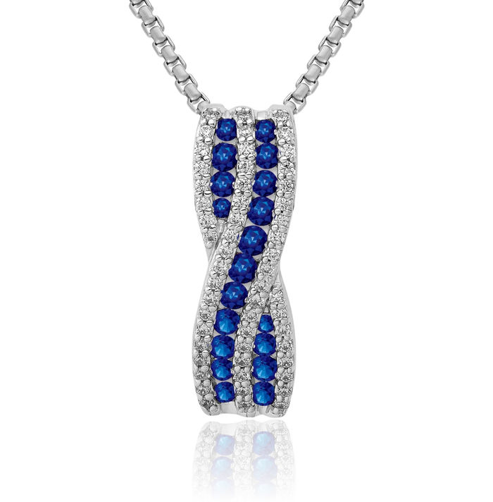 14K Solid White Gold Diamond Blue Sapphire Twisted Floating Chain Slide Pendant Necklace Gemstone Charm