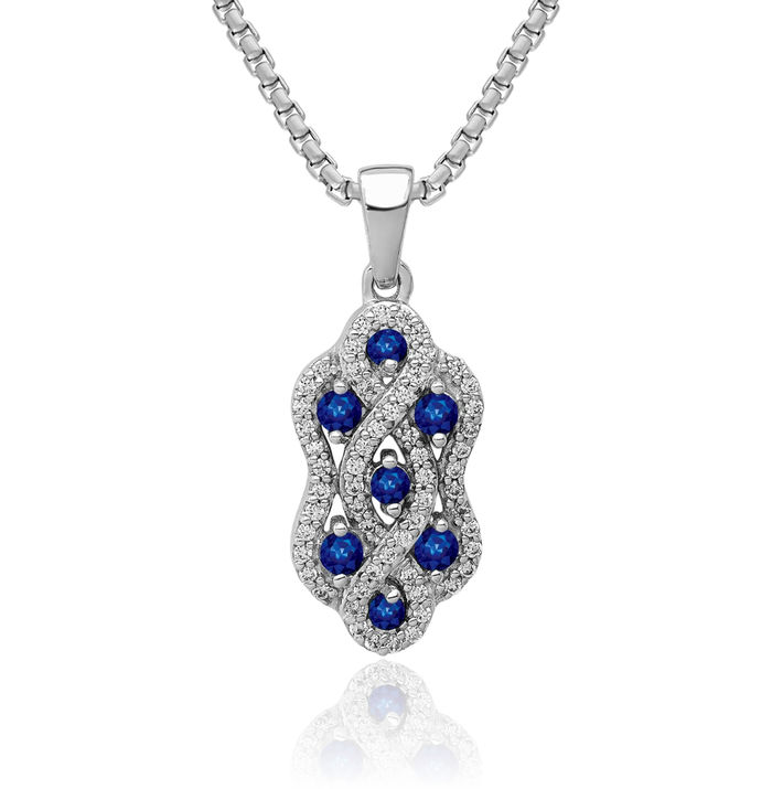 14K Solid White Gold Diamond Blue Sapphire Twisted Necklace Gemstone Pendant Charm