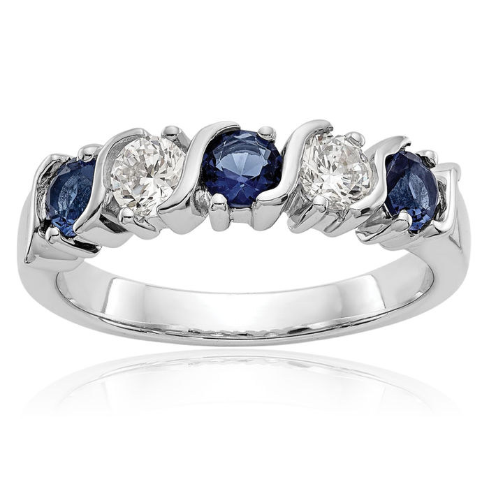 14K Solid White Gold Diamond Blue Sapphire Wedding Band Ring Gemstone