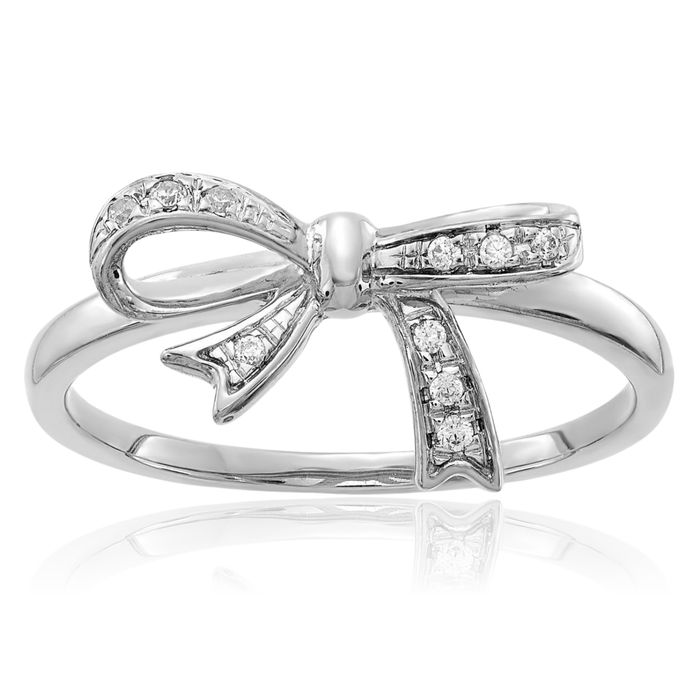 14K Solid White Gold Diamond Bow Ring