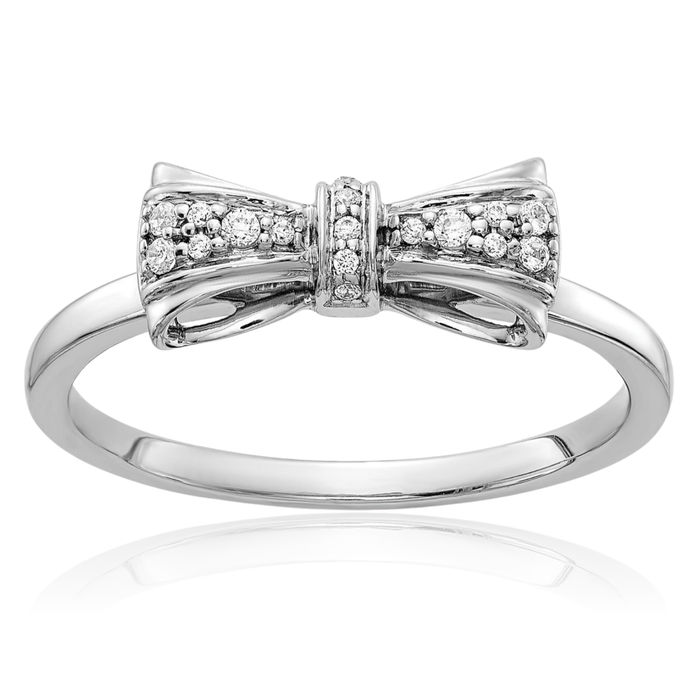 14K Solid White Gold Diamond Bow Ring