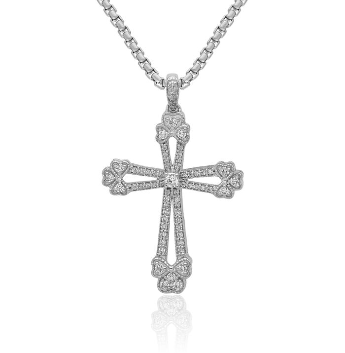 14K Solid White Gold Diamond Budded Holy Cross Necklace Religious Chain Pendant Jesus Christ Christian Charm