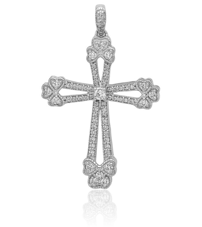 14K Solid White Gold Diamond Budded Holy Cross Necklace Religious Chain Pendant Jesus Christ Christian Charm