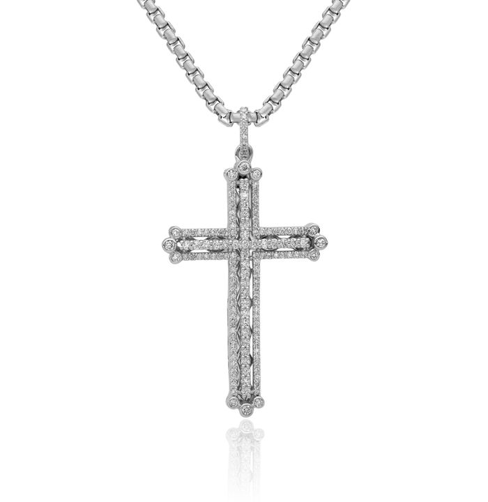 14K Solid White Gold Diamond Budded Holy Cross Necklace Religious Chain Pendant Jesus Christ Christian Charm