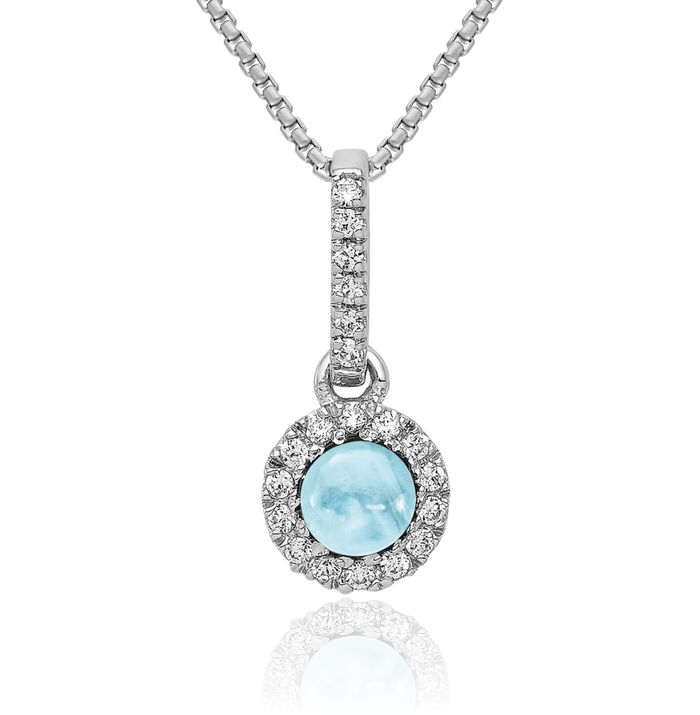 14K Solid White Gold Diamond Cabochon Blue Aquamarine Necklace Charm Gemstone Pendant March Birthstone Jewelry