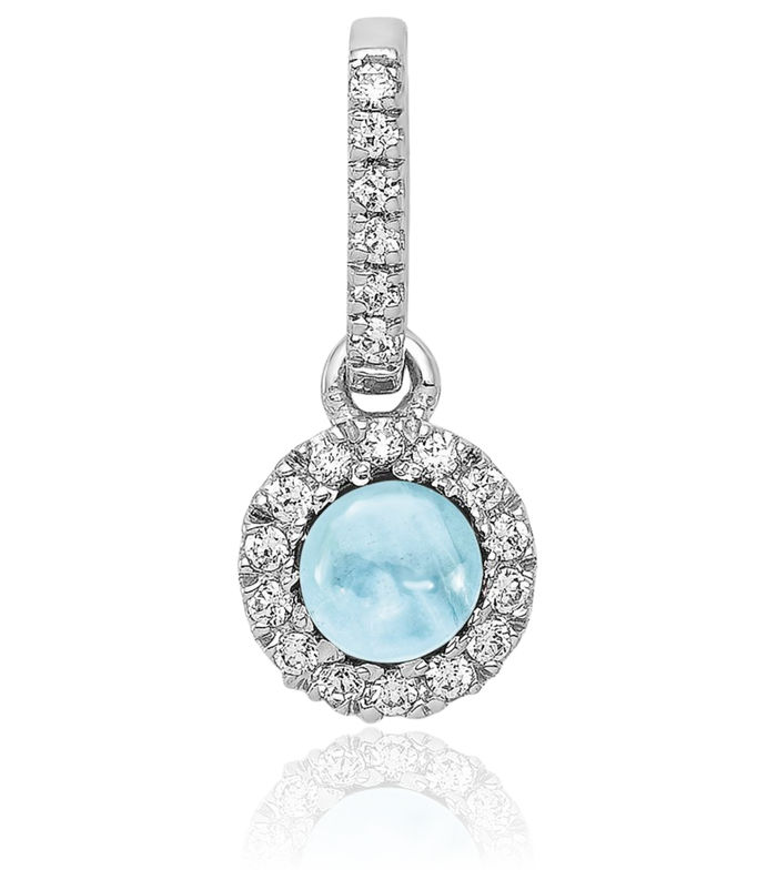 14K Solid White Gold Diamond Cabochon Blue Aquamarine Necklace Charm Gemstone Pendant March Birthstone Jewelry