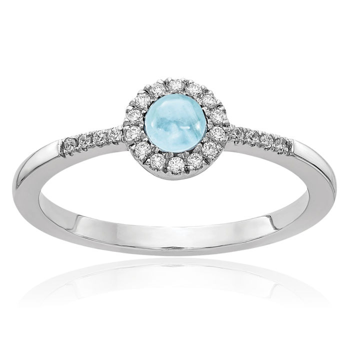 14K Solid White Gold Diamond Cabochon Blue Aquamarine Ring Gemstone Band March Birthstone Jewelry