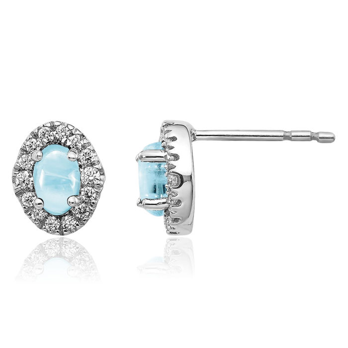 14K Solid White Gold Diamond Cabochon Blue Aquamarine Stud Earrings Gemstone Post Push Back March Birthstone Jewelry