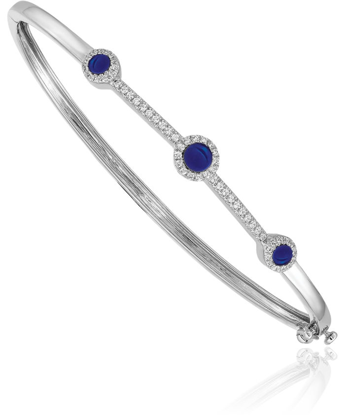 14K Solid White Gold Diamond Cabochon Blue Sapphire Gemstone Bangle Bracelet