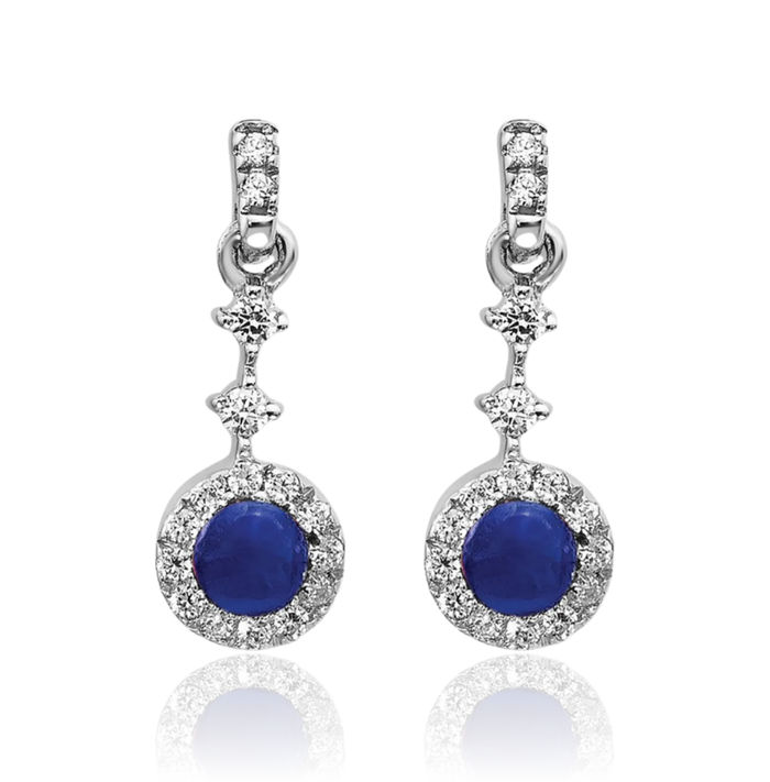 14K Solid White Gold Diamond Cabochon Blue Sapphire Drop Dangle Earrings September Birthstone Jewelry