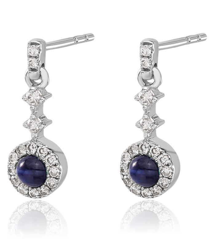 14K Solid White Gold Diamond Cabochon Blue Sapphire Drop Dangle Earrings September Birthstone Jewelry