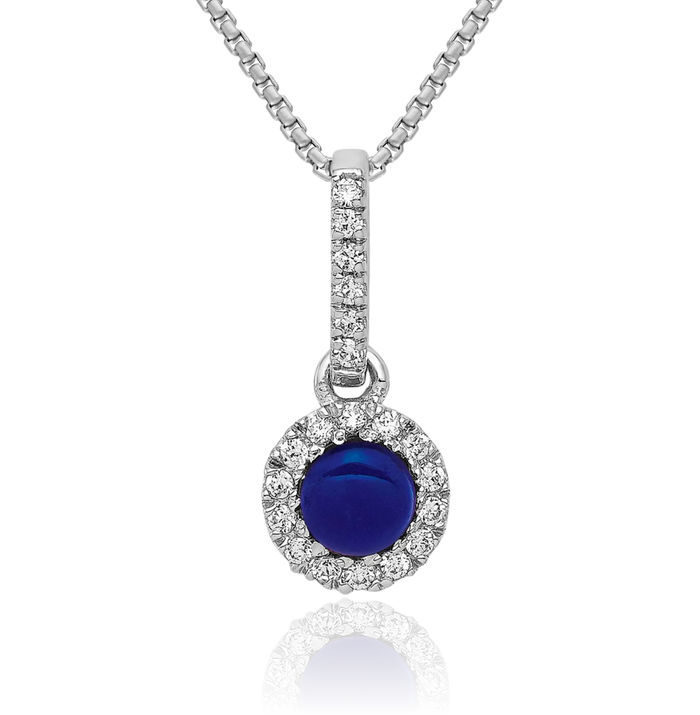 14K Solid White Gold Diamond Cabochon Blue Sapphire Halo Round Necklace Gemstone Pendant Charm September Birthstone Jewelry