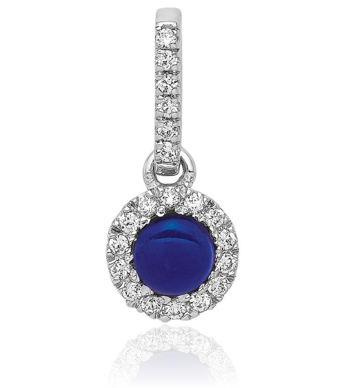 14K Solid White Gold Diamond Cabochon Blue Sapphire Halo Round Necklace Gemstone Pendant Charm September Birthstone Jewelry