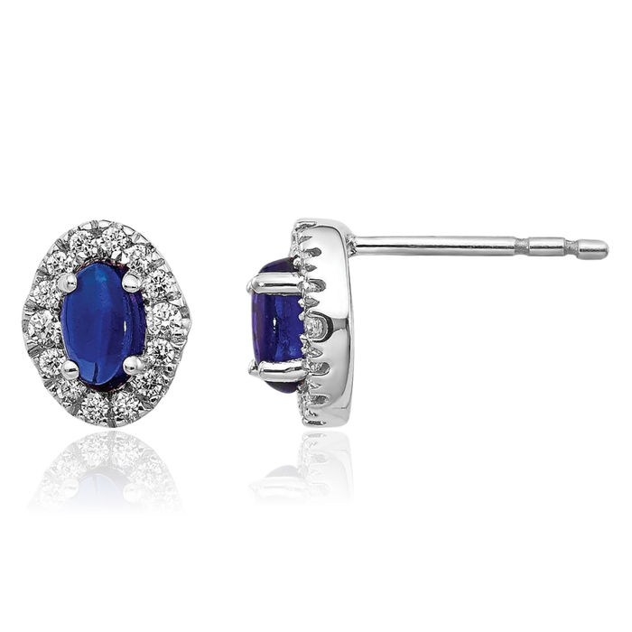 14K Solid White Gold Diamond Cabochon Blue Sapphire Stud Earrings Gemstone Post Push Back September Birthstone Jewelry