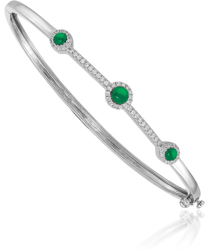 14K Solid White Gold Diamond Cabochon Green Emerald Gemstone Bangle Bracelet