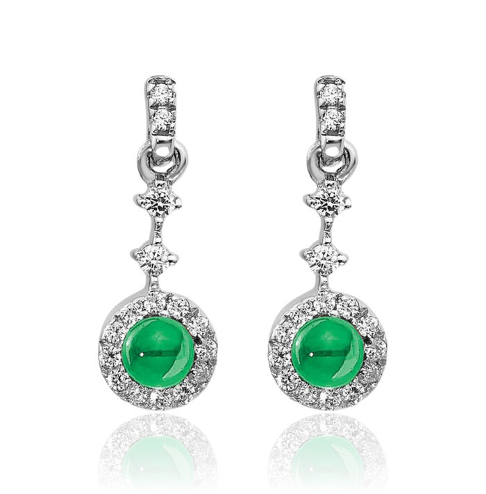 14K Solid White Gold Diamond Cabochon Green Emerald Drop Dangle Earrings May Birthstone Jewelry