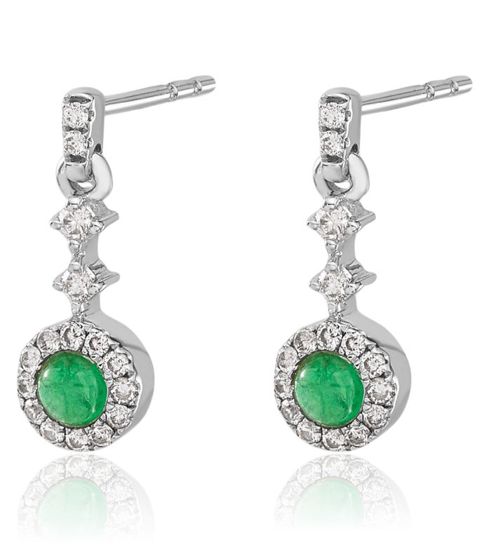 14K Solid White Gold Diamond Cabochon Green Emerald Drop Dangle Earrings May Birthstone Jewelry