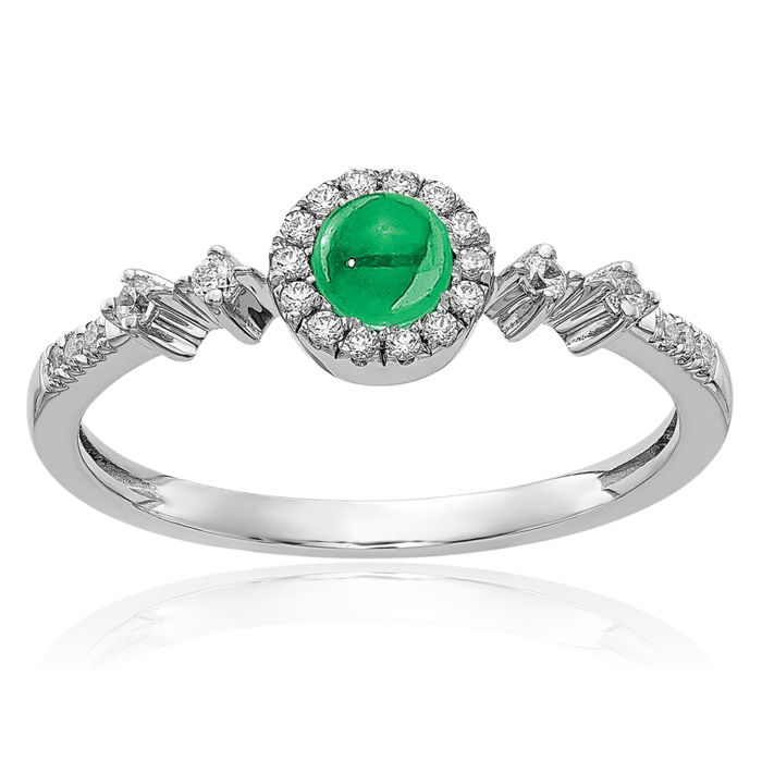 14K Solid White Gold Diamond Cabochon Green Emerald Halo Round Ring Gemstone Band May Birthstone Jewelry