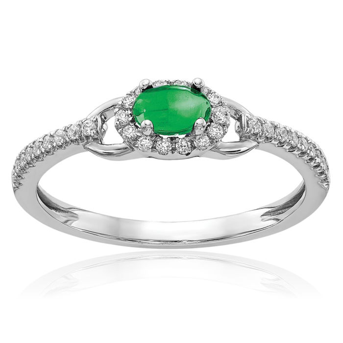 14K Solid White Gold Diamond Cabochon Green Emerald Ring Gemstone Band May Birthstone Jewelry