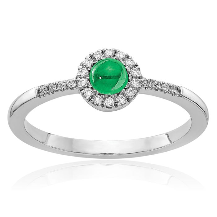 14K Solid White Gold Diamond Cabochon Green Emerald Ring Gemstone Band May Birthstone Jewelry