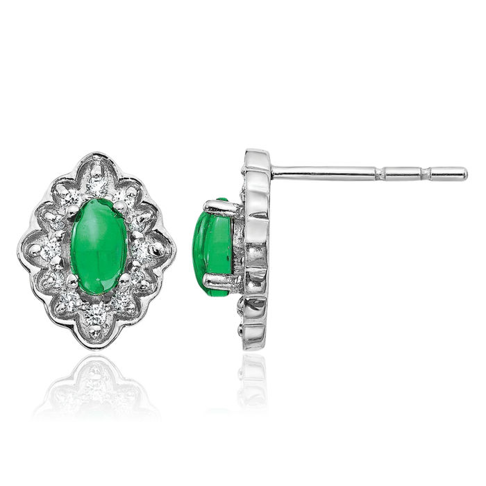 14K Solid White Gold Diamond Cabochon Green Emerald Stud Earrings Gemstone Post Push Back May Birthstone Jewelry