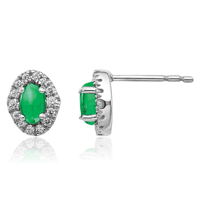 14K Solid White Gold Diamond Cabochon Green Emerald Stud Earrings Gemstone Post Push Back May Birthstone Jewelry