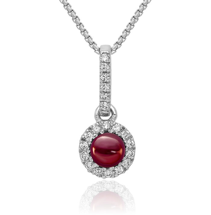 14K Solid White Gold Diamond Cabochon Red Garnet Necklace Charm Gemstone Pendant January Birthstone Jewelry