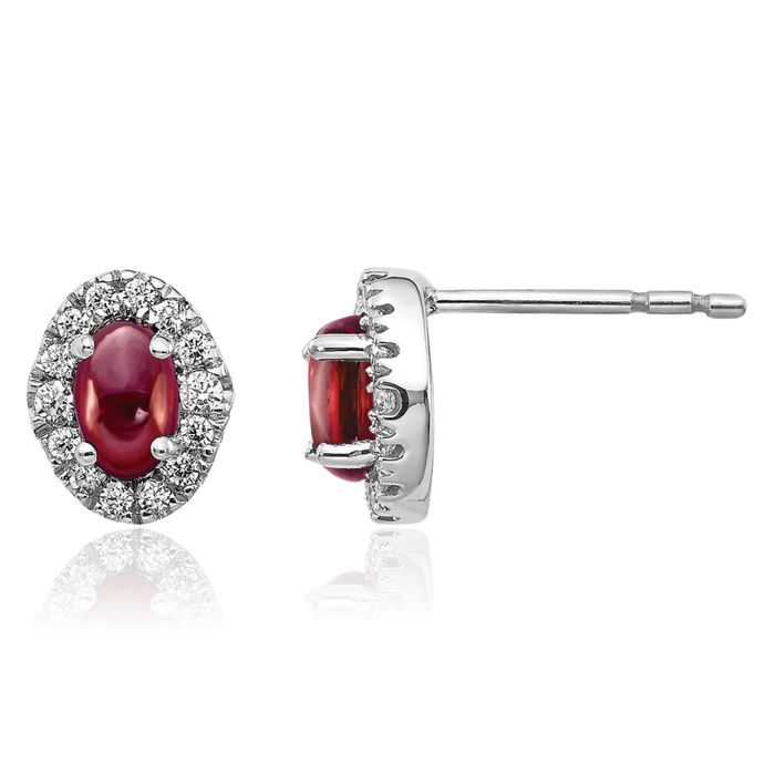 14K Solid White Gold Diamond Cabochon Red Garnet Stud Earrings Gemstone Post Push Back January Birthstone Jewelry