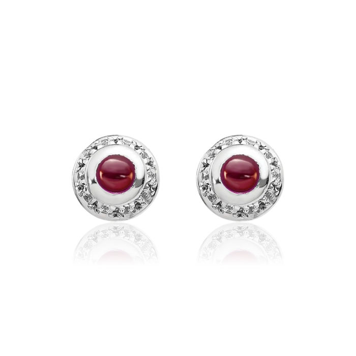 14K Solid White Gold Diamond Cabochon Red Garnet Studs Gemstone Solitaire Earrings January Birthstone Jewelry