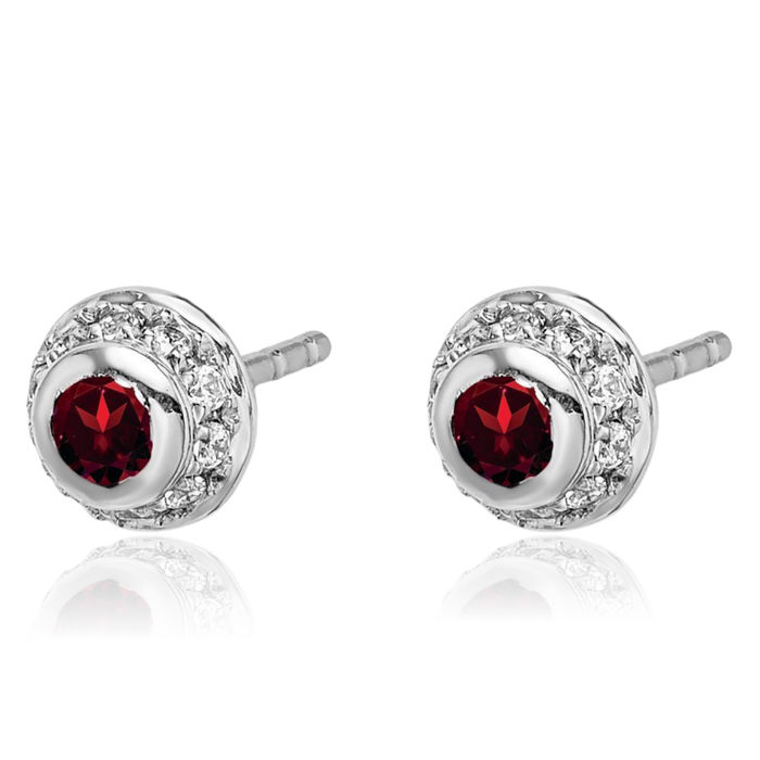 14K Solid White Gold Diamond Cabochon Red Garnet Studs Gemstone Solitaire Earrings January Birthstone Jewelry