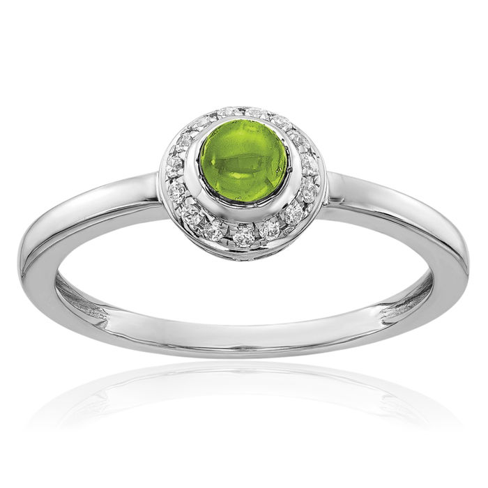 14K Solid White Gold Diamond Cabochon Green Peridot Ring Gemstone Band August Birthstone Jewelry