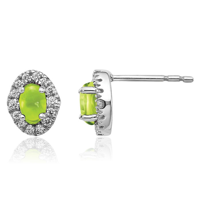 14K Solid White Gold Diamond Cabochon Green Peridot Stud Earrings Gemstone Post Push Back August Birthstone Jewelry