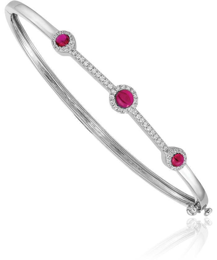 14K Solid White Gold Diamond Cabochon Red Ruby Gemstone Bangle Bracelet