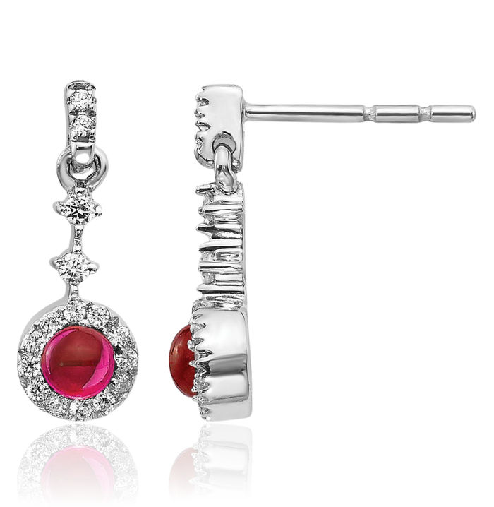 14K Solid White Gold Diamond Cabochon Red Ruby Drop Dangle Earrings July Birthstone Jewelry