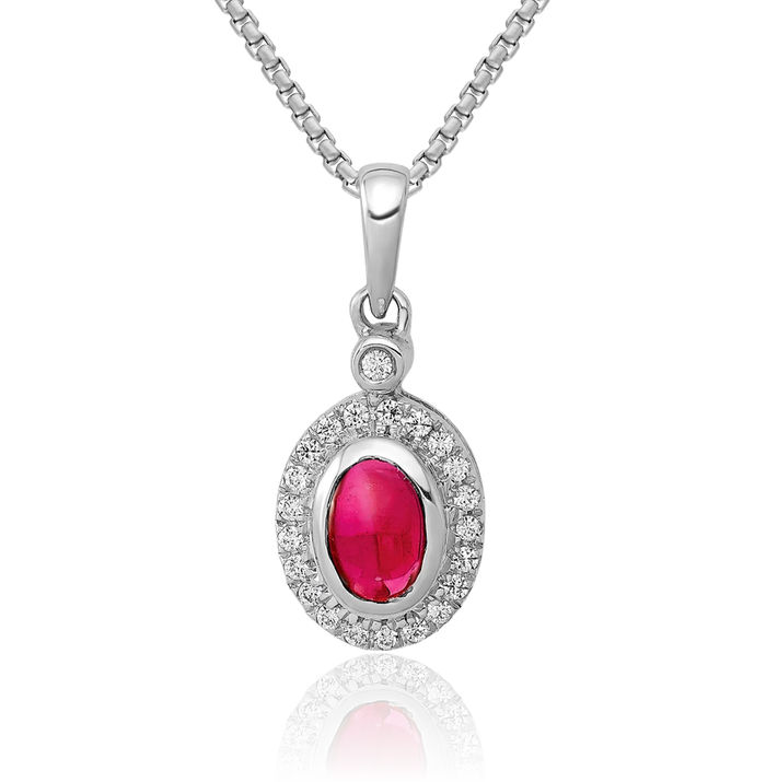 14K Solid White Gold Diamond Cabochon Red Ruby Halo Round Necklace Gemstone Pendant Charm