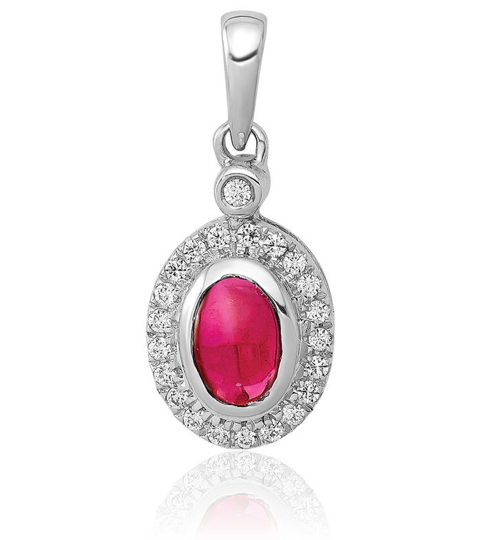 14K Solid White Gold Diamond Cabochon Red Ruby Halo Round Necklace Gemstone Pendant Charm