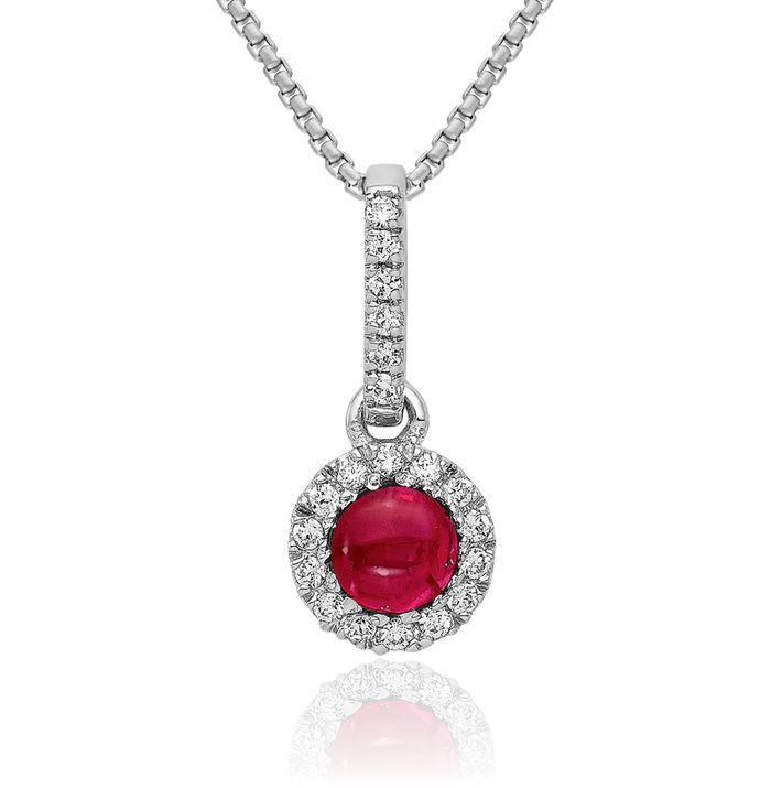 14K Solid White Gold Diamond Cabochon Red Ruby Halo Round Necklace Gemstone Pendant Charm July Birthstone Jewelry