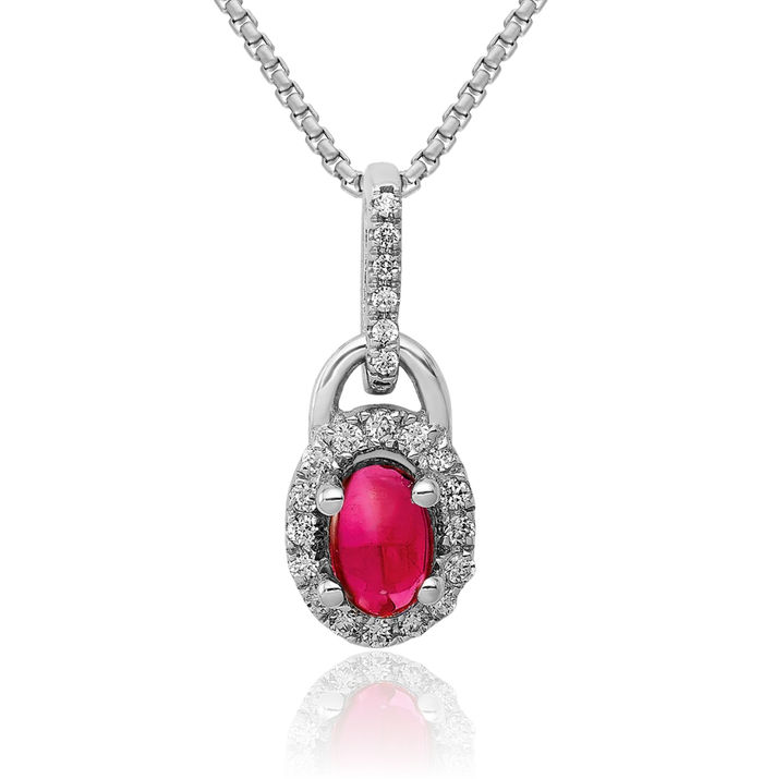 14K Solid White Gold Diamond Cabochon Red Ruby Necklace Gemstone Pendant Charm July Birthstone Jewelry