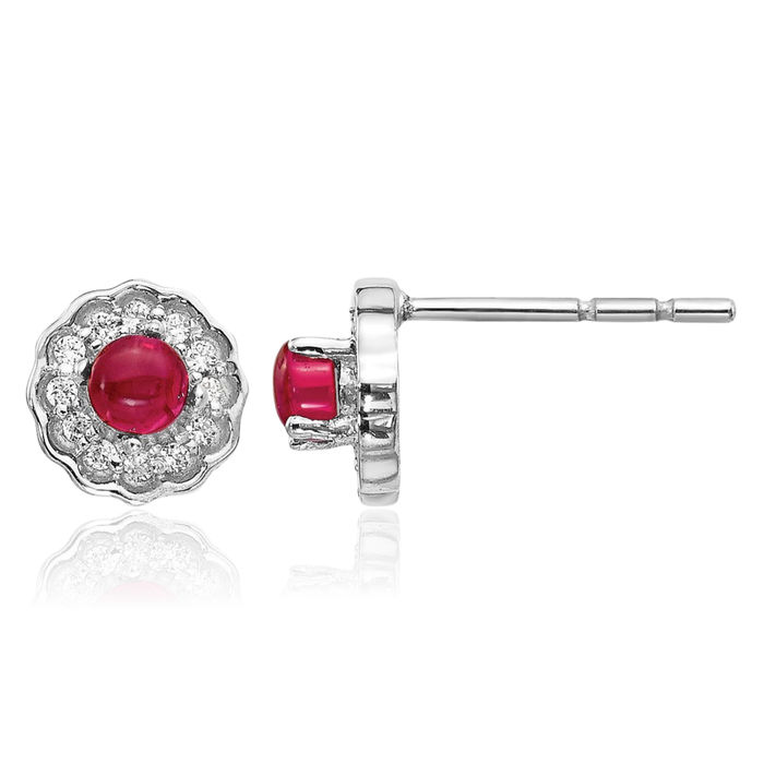 14K Solid White Gold Diamond Cabochon Red Ruby Stud Earrings Gemstone Post Push Back July Birthstone Jewelry
