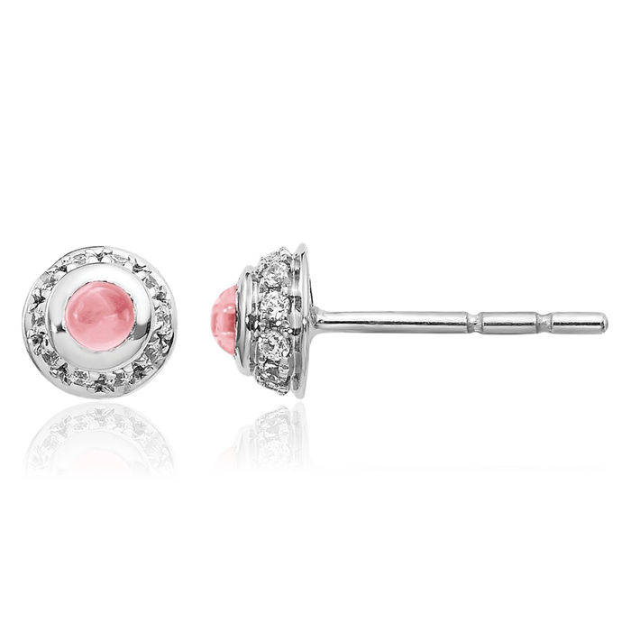 14K Solid White Gold Diamond Cabochon Pink Tourmaline Studs Gemstone Solitaire Earrings October Birthstone Jewelry