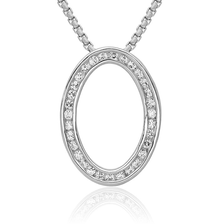 14K Solid White Gold Diamond Channel-set Oval Floating Chain Slide Pendant Necklace Charm