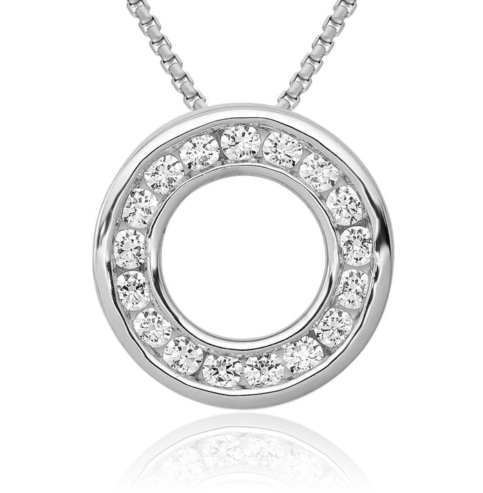 14K Solid White Gold Diamond Channel-set Circle Round Floating Chain Slide Pendant Necklace Charm