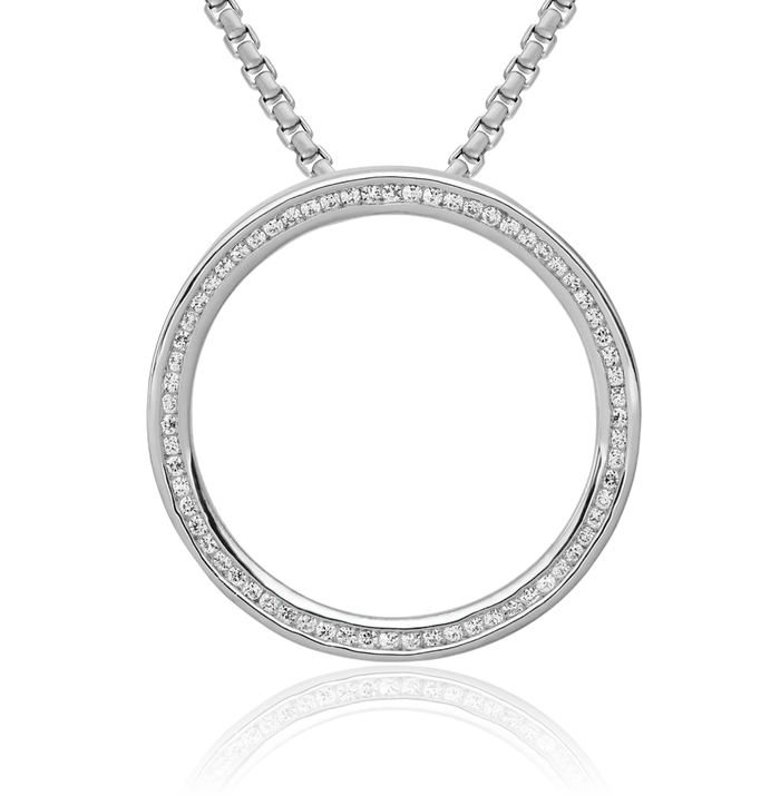 14K Solid White Gold Diamond Channel-set Circle Round Floating Chain Slide Pendant Necklace Charm