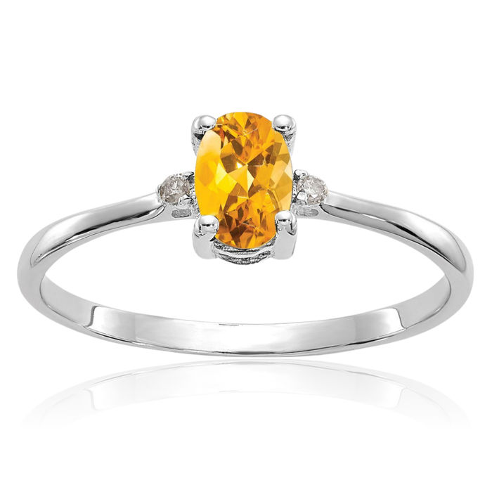 14K Solid White Gold Diamond Yellow Orange Citrine Ring Gemstone Band April November Birthstone Jewelry