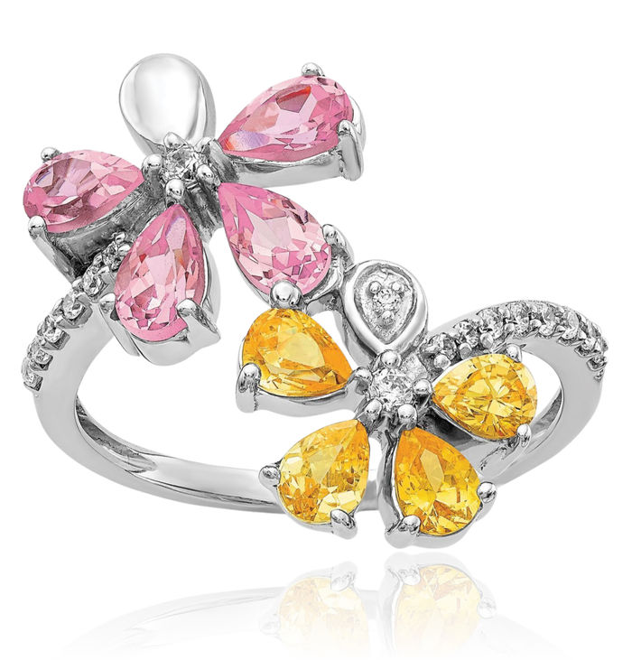 14K Solid White Gold Diamond Yellow Orange Citrine Pink Tourmaline Flower Ring Gemstone Band